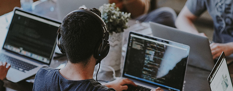 Team von Entwicklern arbeitet konzentriert an Laptops in einem Büro-Coworking-Raum.