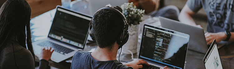 Team von Entwicklern arbeitet konzentriert an Laptops in einem Büro-Coworking-Raum.