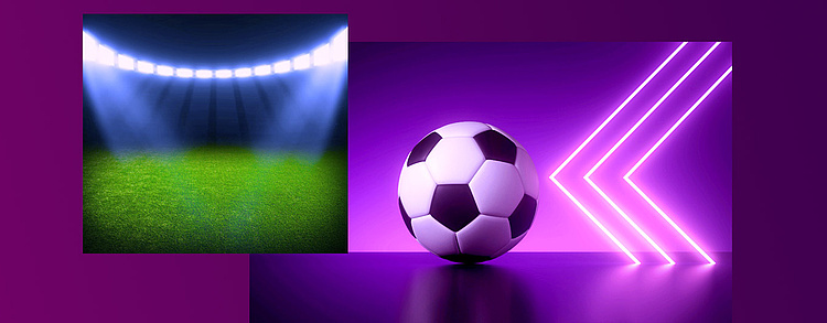 Eine Collage mit einem beleuchteten Fußballstadion auf der linken Seite und einem Fußball neben leuchtenden violetten Neonpfeilen auf der rechten Seite, vor einem violetten Hintergrund.