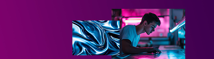  Eine Collage mit einem jungen Mann, der in einer Werkstatt unter neonpinkem Licht arbeitet