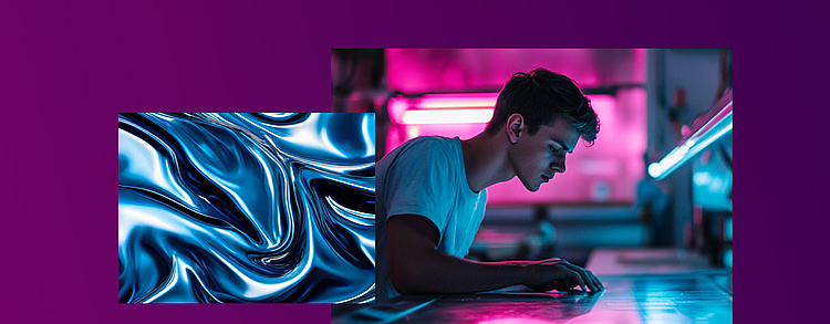  Eine Collage mit einem jungen Mann, der in einer Werkstatt unter neonpinkem Licht arbeitet