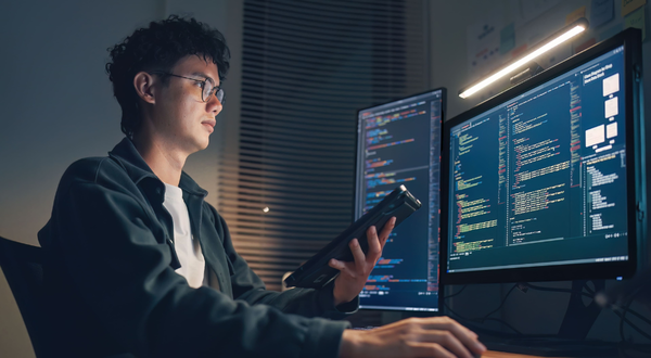 Fachinformatiker mit Brille arbeitet nachts an zwei Monitoren mit Quellcode und hält ein Tablet in der Hand.