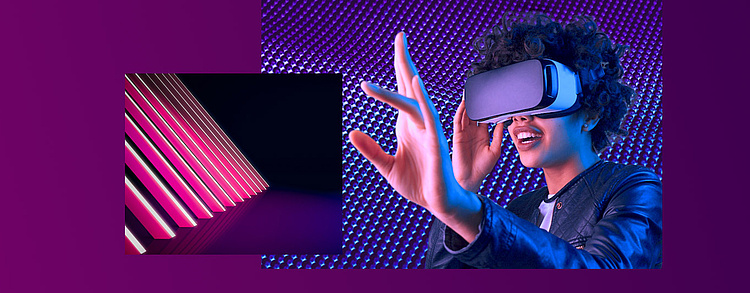 Eine Collage mit einer Frau, die eine VR-Brille trägt und in eine virtuelle Welt eintaucht, sowie einem abstrakten Bild von pink beleuchteten Linien auf schwarzem Hintergrund, vor einem violetten Hintergrund.