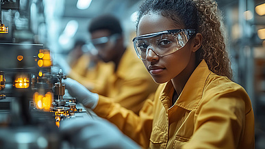 Eine junge Frau in gelber Arbeitskleidung und Schutzbrille arbeitet konzentriert an einer Maschine in einer Fabrikumgebung.
