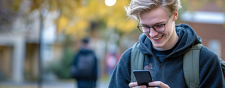 Ein junger Mann mit Brille und Rucksack steht draußen und schaut lächelnd auf sein Smartphone, um Kontakt aufzunehmen.