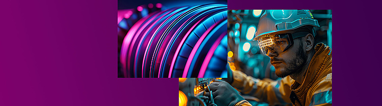 Industrie-Collage mit technischer Ausrüstung und einem Arbeiter mit Schutzbrille vor violettem Hintergrund
