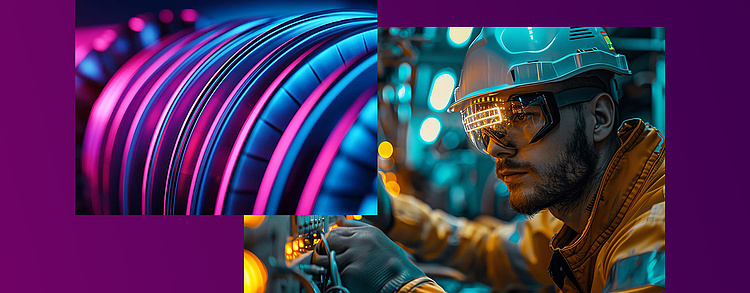 Industrie-Collage mit technischer Ausrüstung und einem Arbeiter mit Schutzbrille vor violettem Hintergrund