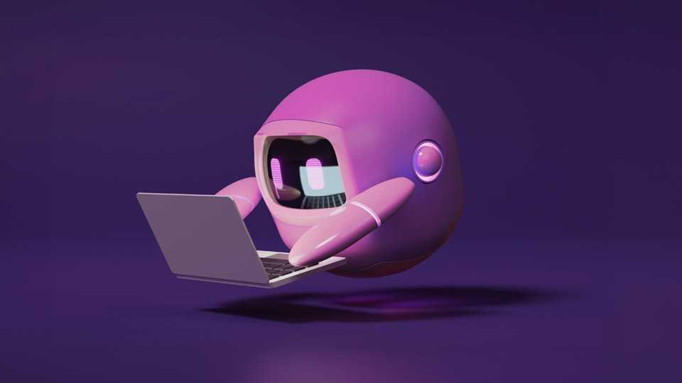 KI Chatbot schreibt an einem Laptop mit lila Hintergrund